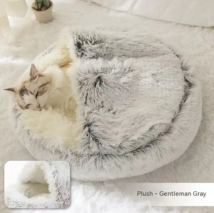 2 In 1 Cat Warm Bed House Soft Long Plush Pets Bed