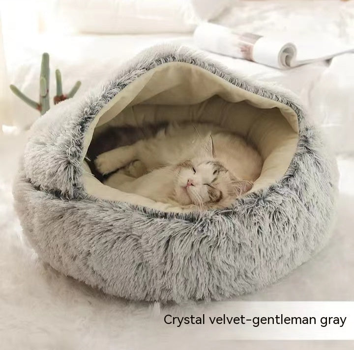 2 In 1 Cat Warm Bed House Soft Long Plush Pets Bed