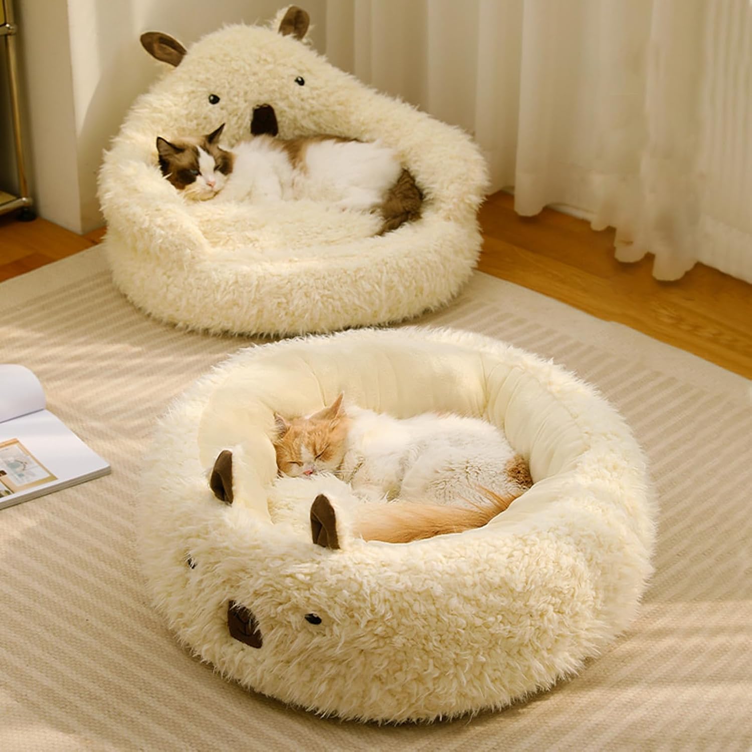 Calming Dog Cat Beds With Detachable Plush Pads